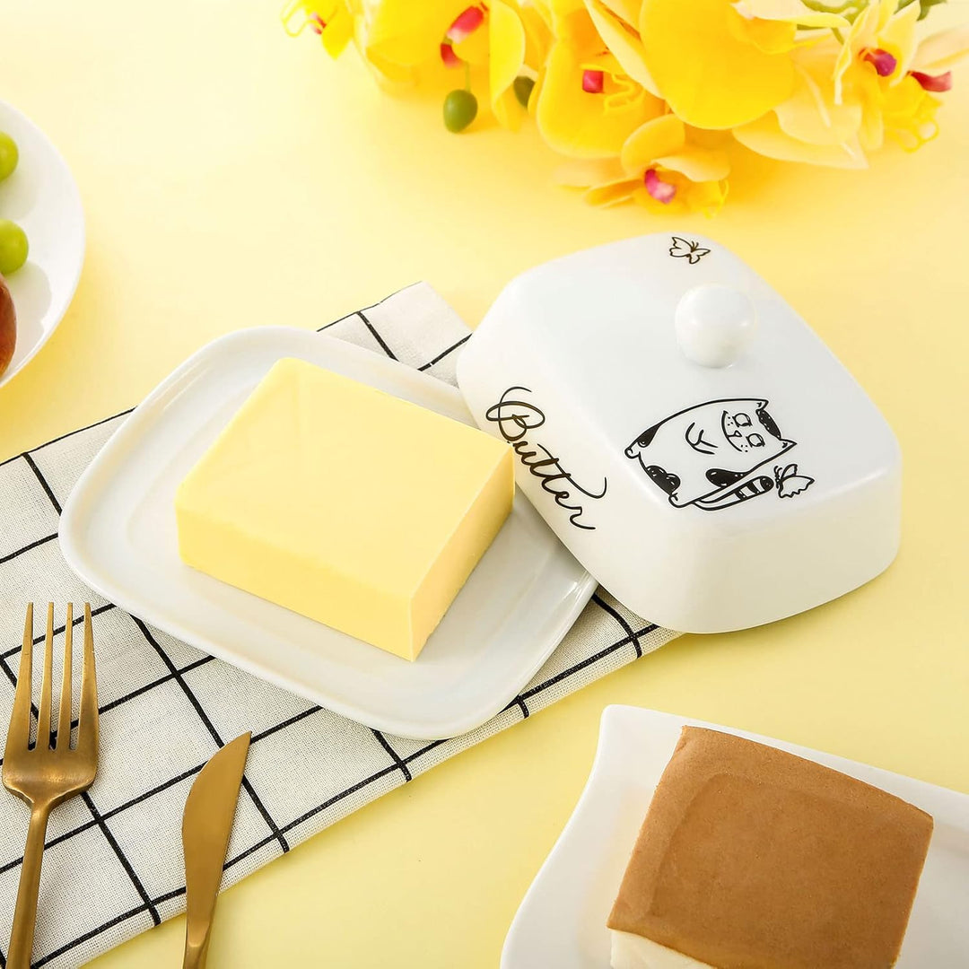 Butterdose mit Griff für 250g Butter, Hochwertige Keramik, Weiss mit Schwarzem Katzenmuster, Porzell