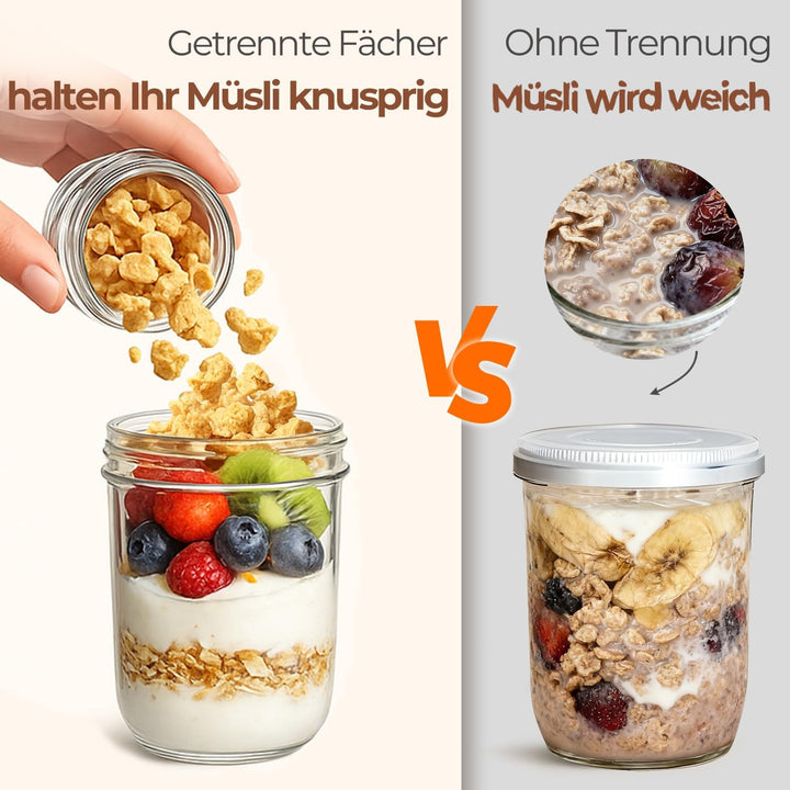 ComSaf 4er Overnight Oats Gläser, 480ml+120ml Müslibecher to go, Joghurtbecher mit Doppelschicht-Des