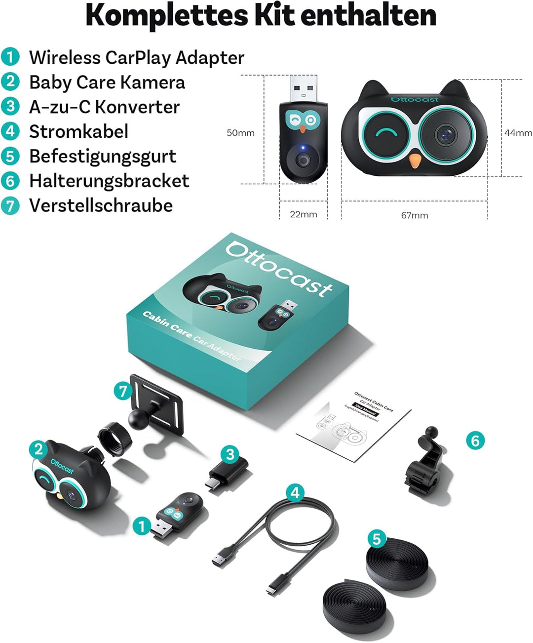 OTTOCAST Cabin Care 2026, 2-in-1 Wireless CarPlay Adapter & Baby Auto Kamera, 1080P HD Rücksitzüberw