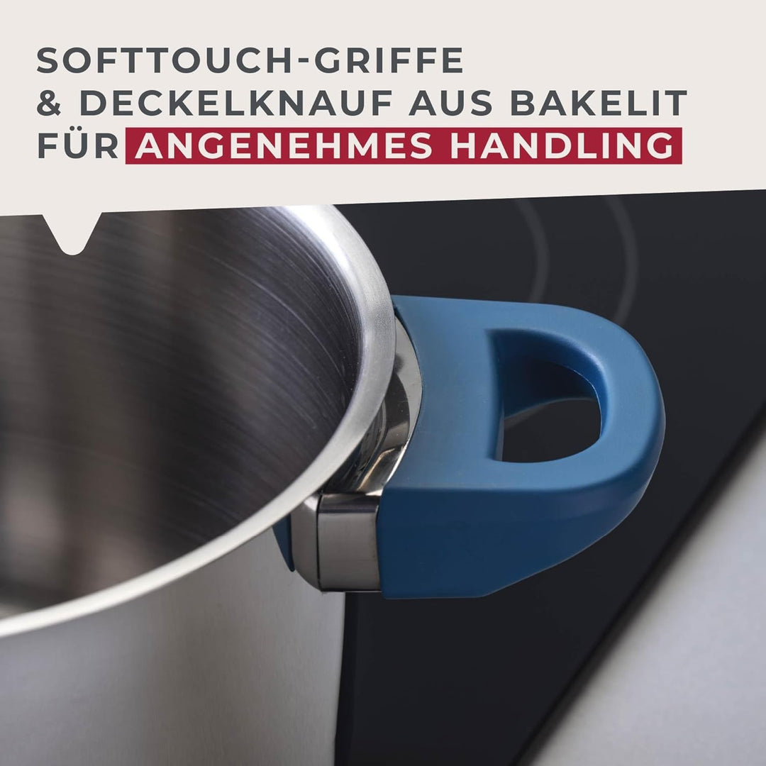 FACKELMANN Kochtopf Essential Ø 14 cm aus Edelstahl, dunkelblaue Bakelit-Griffe, energiesparender Ka