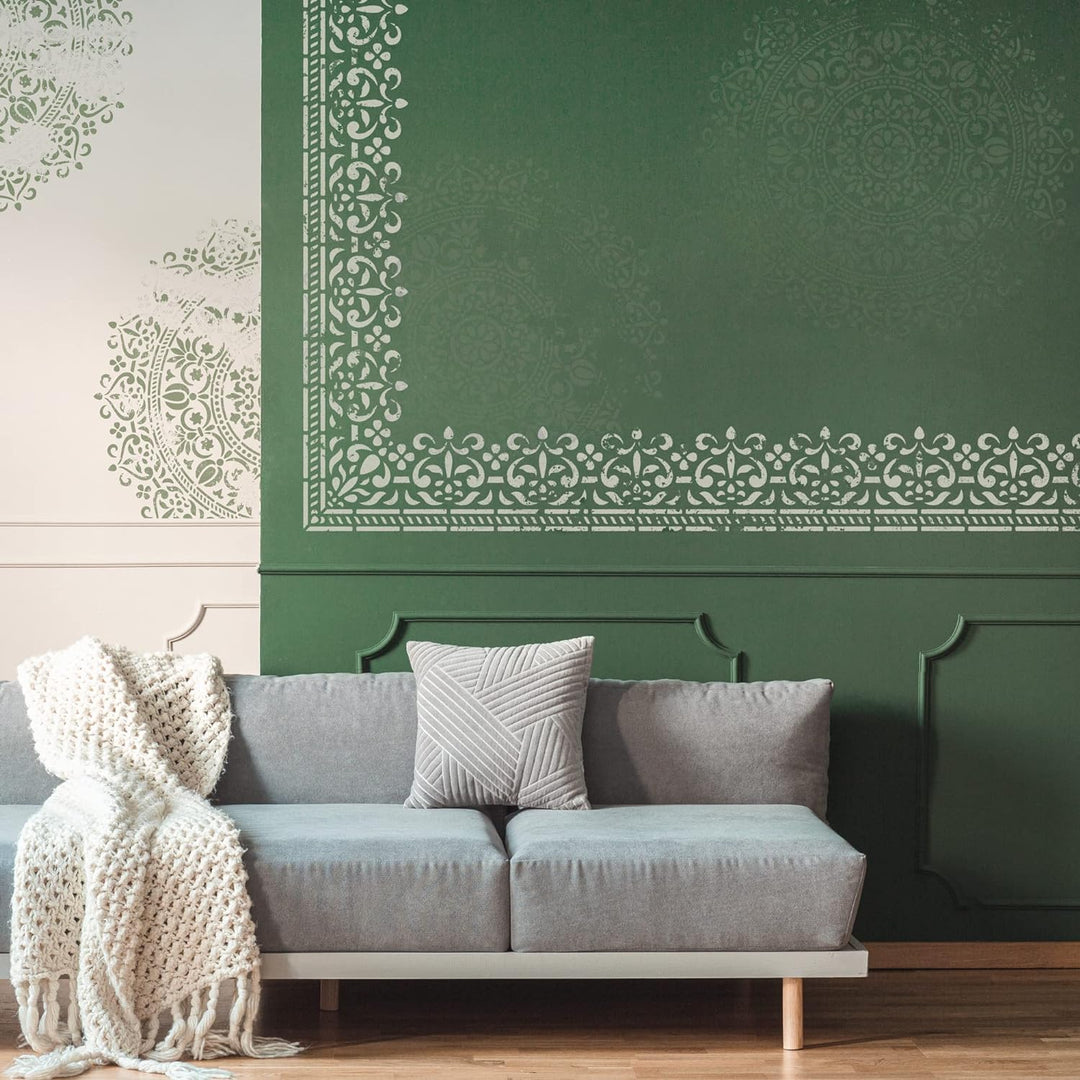 NAKLEO Wiederverwendbare Wand Kunststoff-Schablone – 43x64cm - Grenze Ecke Ornament - Grosse Tapete