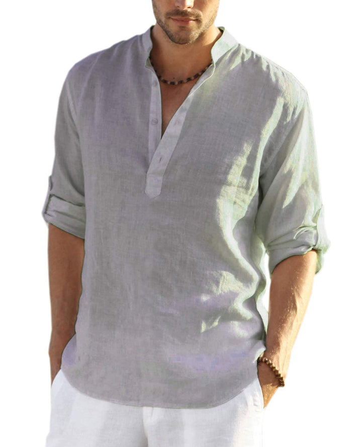 COOFANDY Herren Hemd Langarm Henley Shirt Leinenhemd Baumwolle Casual Regular Fit Sommerhemd Grau XL