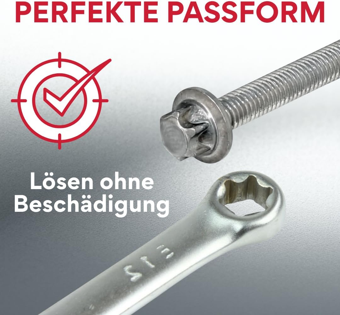 Aussen Torx Ringschlüssel Set E6–E24 CrV Stahl | E-Torx 4 Doppelringschlüssel in 8 Grössen | Präzise
