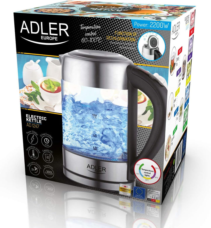 Adler AD 1247 Wasserkocher aus Edelstahl und Glas, 1,7L, 2200 W, digitaler Glaswasserkocher mit Temp