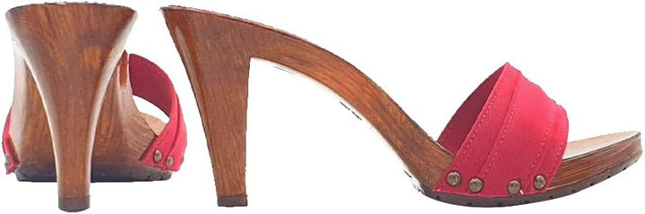 Holzeffeckt Clogs mit doppeltem rotem Band hoher Absatz 9 cm - K6101 AMARANTA (40 EU, ROT) 40 EU Rot