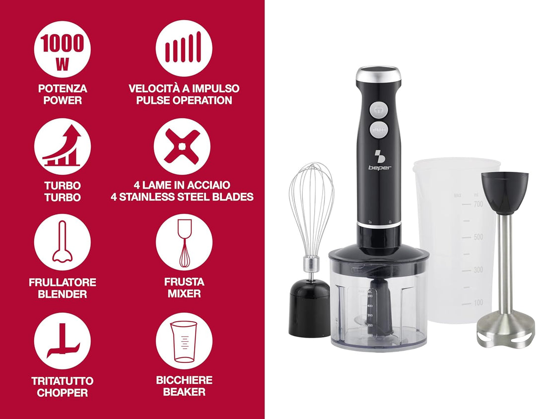 BEPER P102FRU151 4-in-1-Stabmixer, Multifunktionsmixer mit 500-ml-Zerkleinerer, Schneebesen, 700-ml-