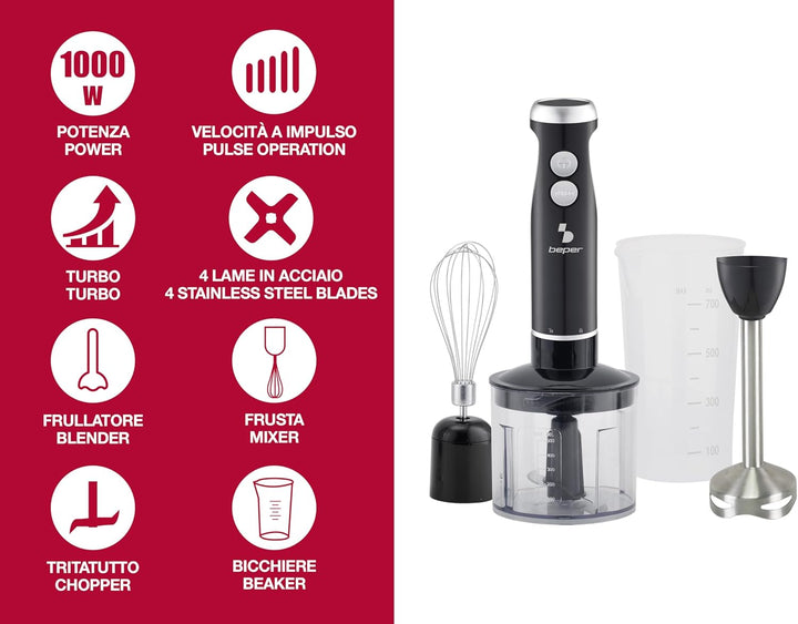 BEPER P102FRU151 4-in-1-Stabmixer, Multifunktionsmixer mit 500-ml-Zerkleinerer, Schneebesen, 700-ml-