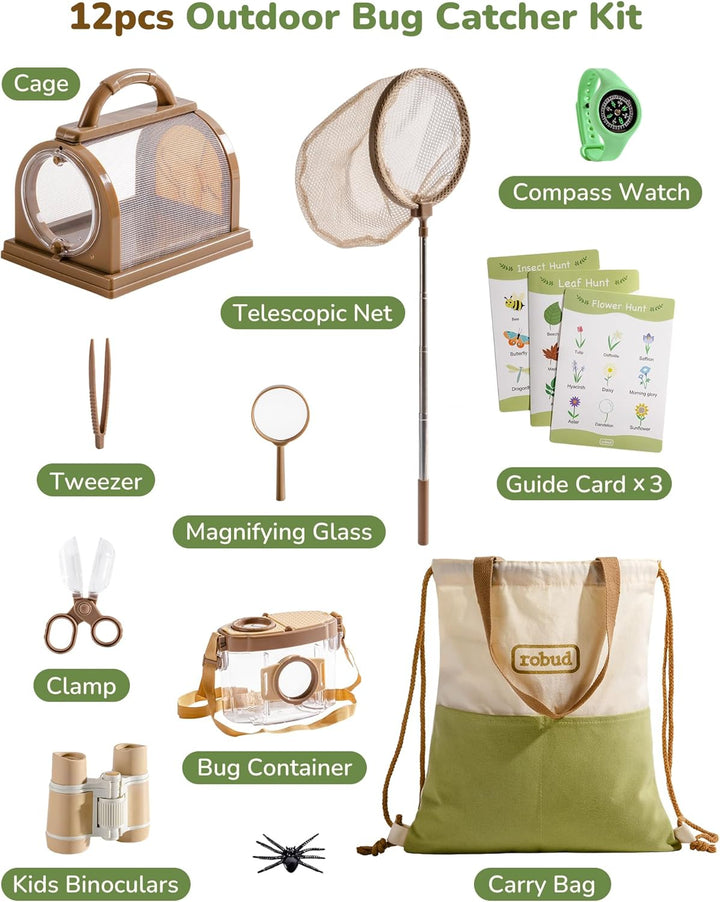 ROBUD Kids Outdoor Explorer Kit, Käferfang-Abenteuer-Sets mit Schmetterlingsnetzen, Lupen, Käferbehä