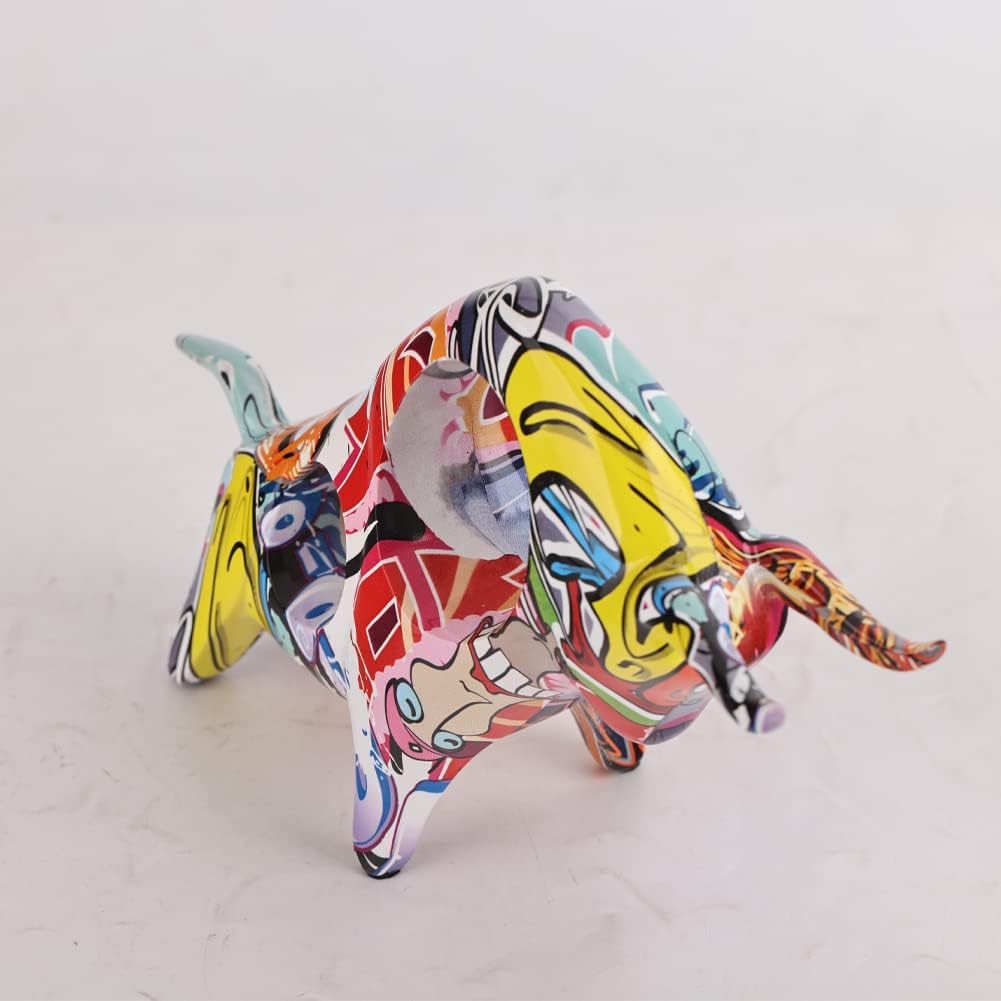 Graffiti-Bullen-Statue aus Kunstharz, Vollfarbige Stierfigur, Originalität, abstrakte Stier-Skulptur