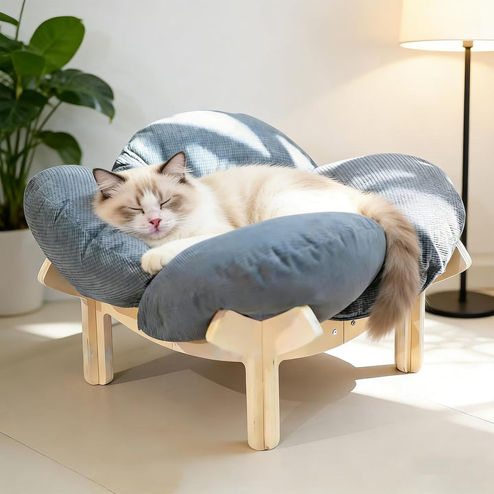 Erhöhtes Katzenbett aus Holz, Flauschiges Katzensofa in Blumenform, Katzenkissen mit waschbarem & Ho