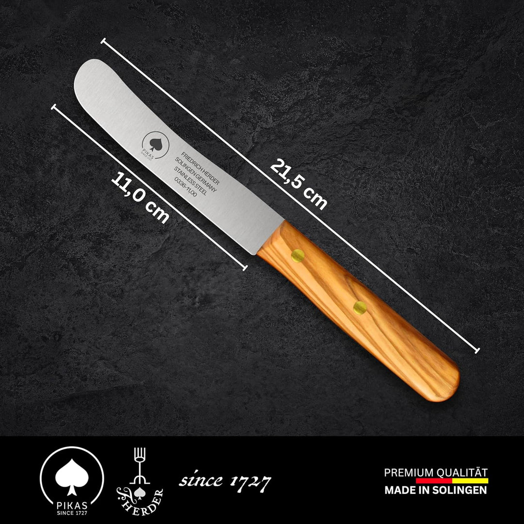 PIKAS - Solingen Messer, Olive Holzgriff, Premium Buckelmesser, rostfreie Klinge 11cm, Chrom-Stahl -