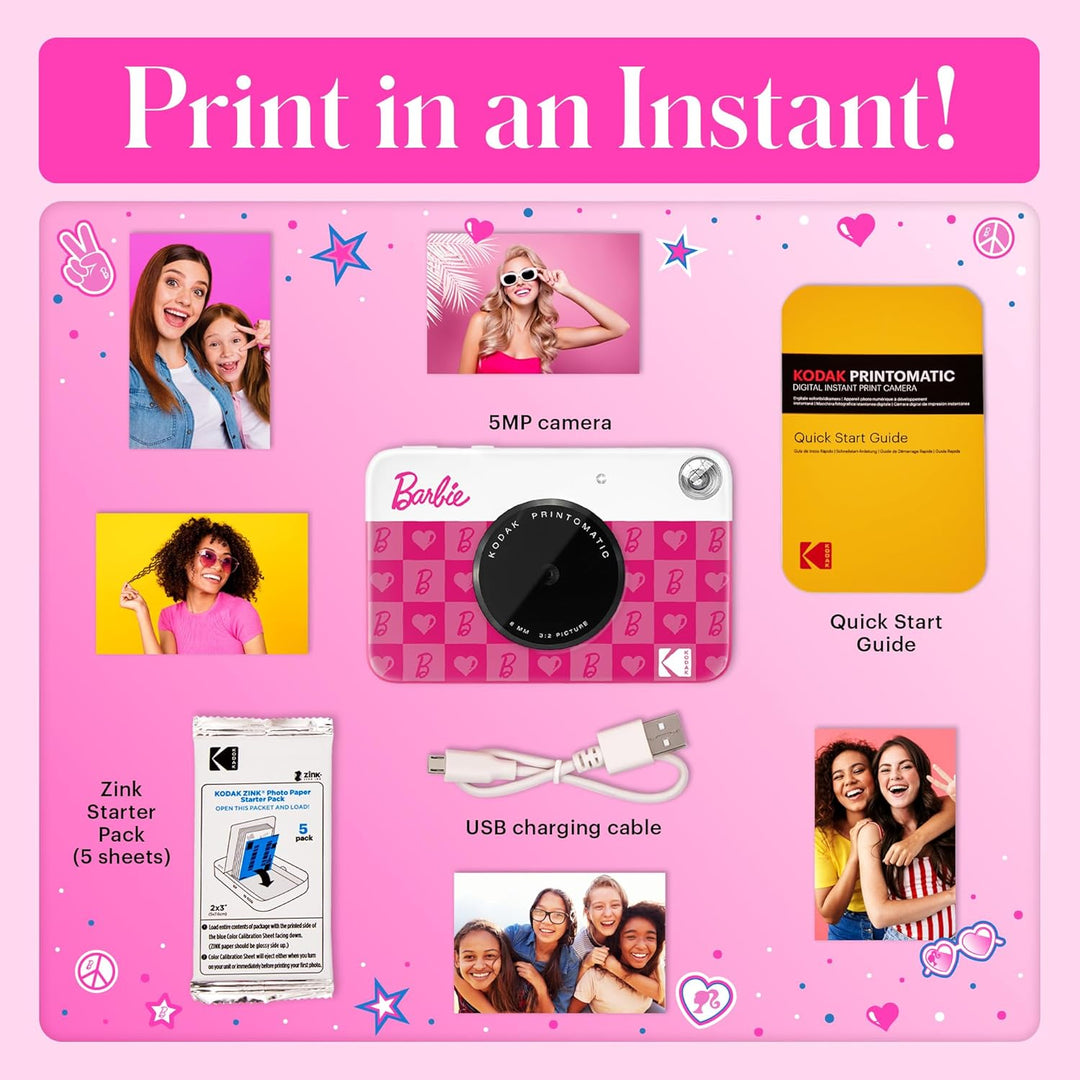 Barbie x Kodak Printomatic Digitale Kamera – 5MP Tragbare Barbie Kamera Drucken Bunte 2x3” Selbstkle
