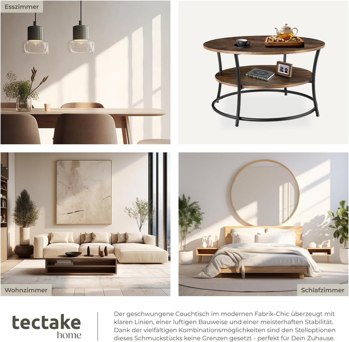 tectake® Tisch rund, 2 Ablagen, Wohnzimmertisch Ø 80, Couchtisch mit Stauraum, Beistelltisch Holz un