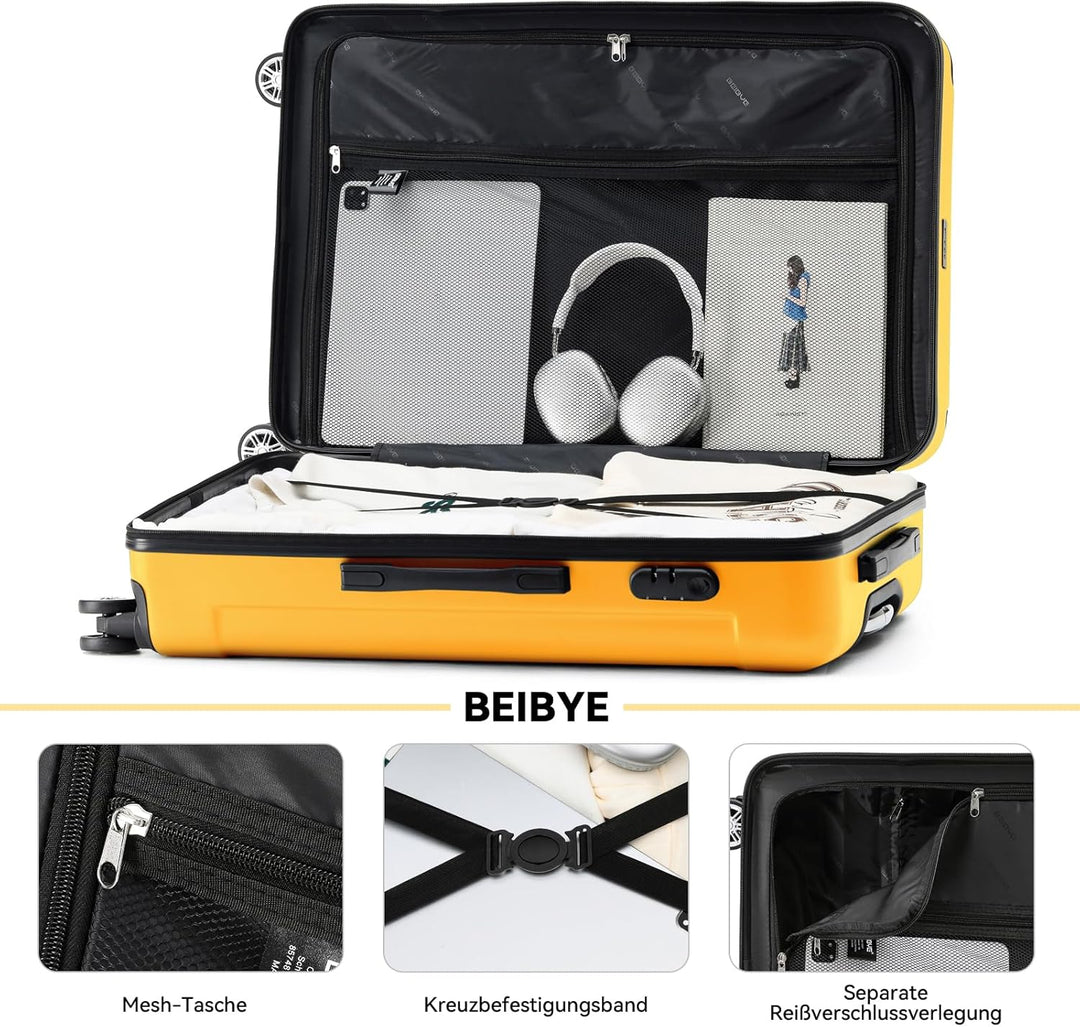 BEIBYE Hartschalen-Koffer Trolley Rollkoffer Reisekoffer Handgepäck 4 Rollen (M-L-XL-Set) (Yellow, L