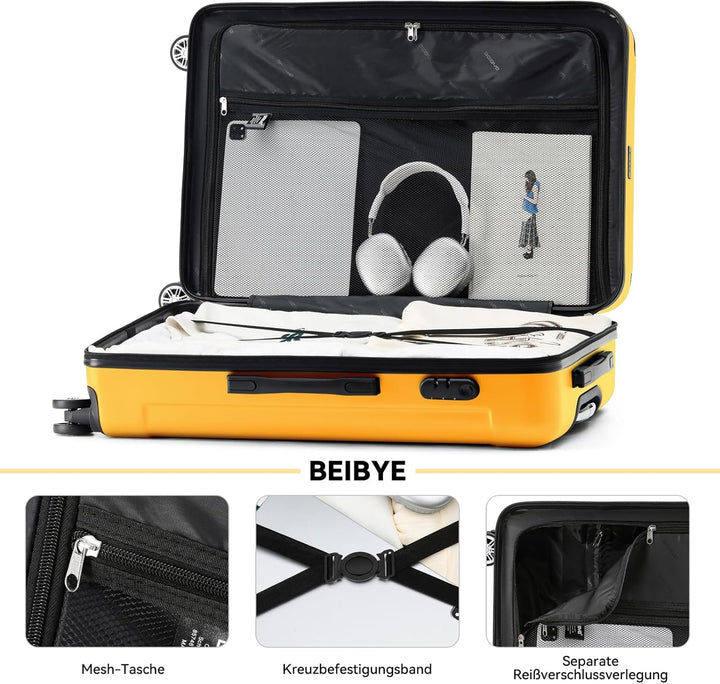 BEIBYE Hartschalen-Koffer Trolley Rollkoffer Reisekoffer Handgepäck 4 Rollen (M-L-XL-Set) (Yellow, L