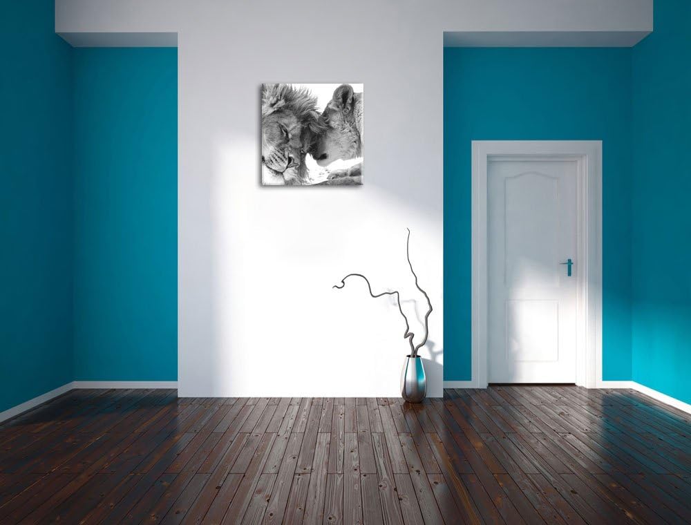 Pixxprint Bezauberndes kuschelndes Löwenpaar schwarz/weiss, Format: 70x70 auf Leinwand, 70x70