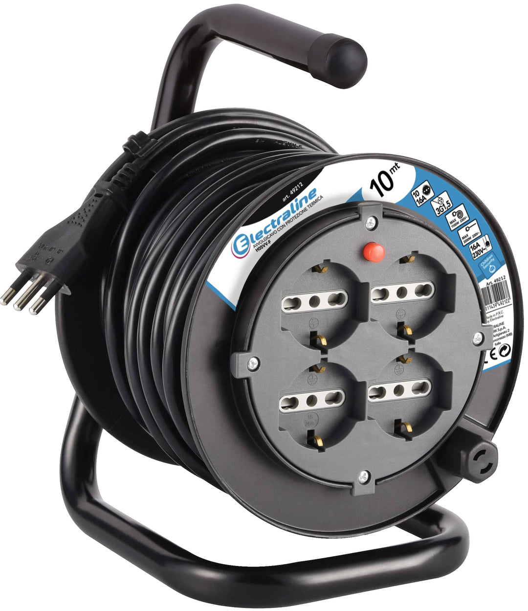 Electraline 49212 Kabeltrommel für Heimwerker, 4 Universalsteckdosen, 10 m, Schwarz/Blau 10 metri Si