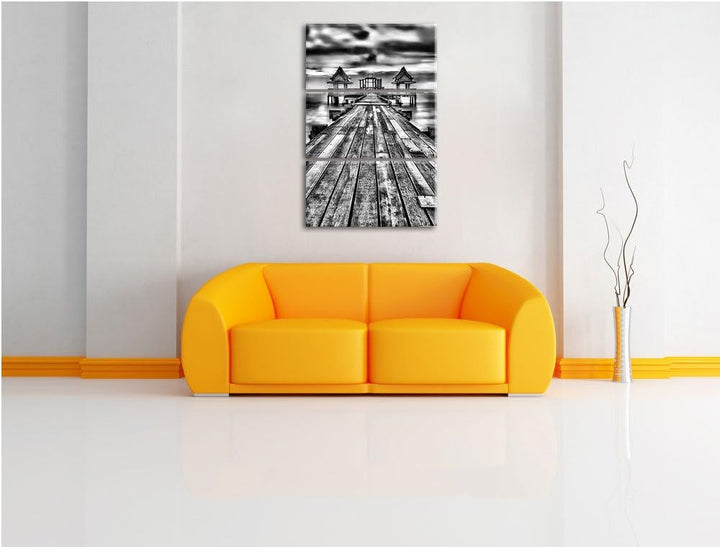 Pixxprint Monocrome, Bootssteg im Sonnenuntergang 3-Teiler Leinwandbild 120x80 Bild auf Leinwand