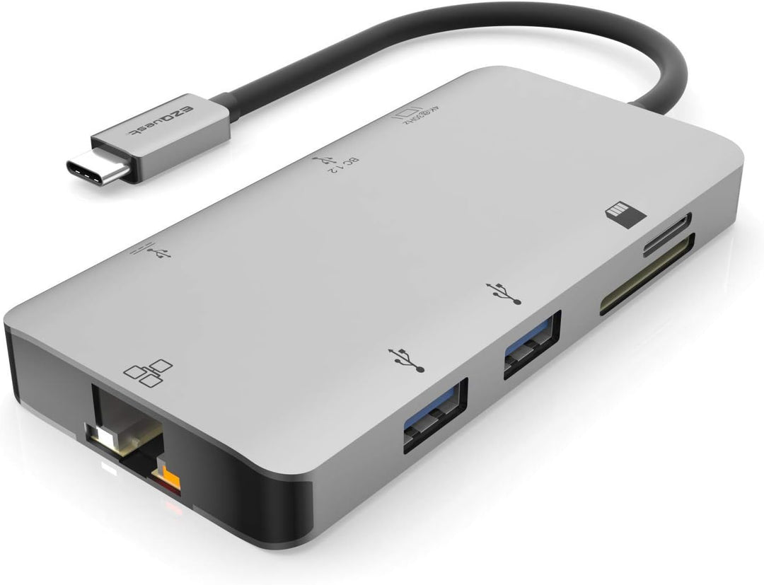 EZQuest USB-C Multimedia Hub Adapter 8 Anschlüsse (HDMI 4K 30Hz, 100W USB-C PD 3.0, Gigabit Ethernet