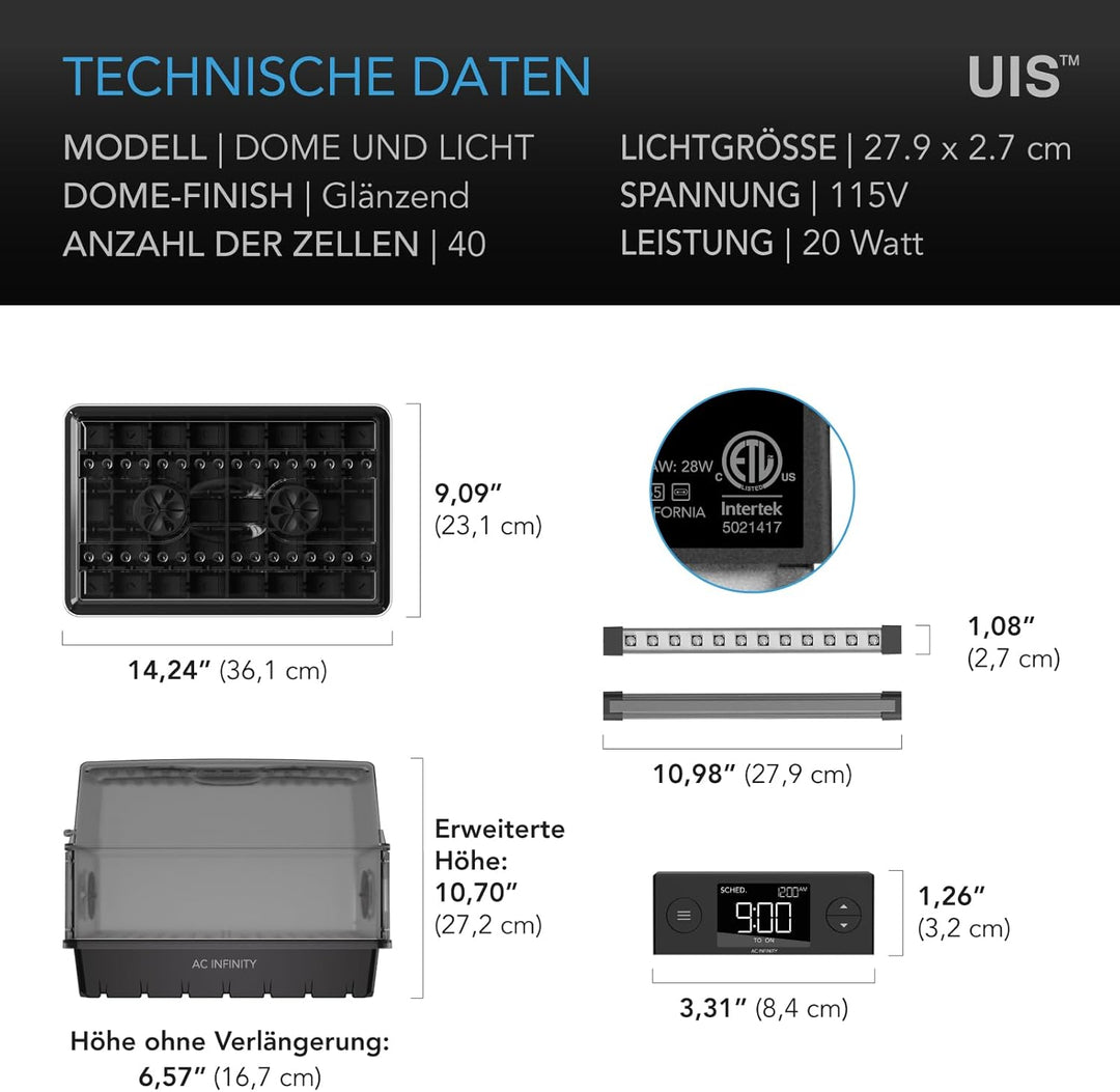 AC Infinity Feuchtigkeitskuppel, Keimset mit LED-Wachstumslichtstäben, stabile Abtropfschale, 5x8 Ze
