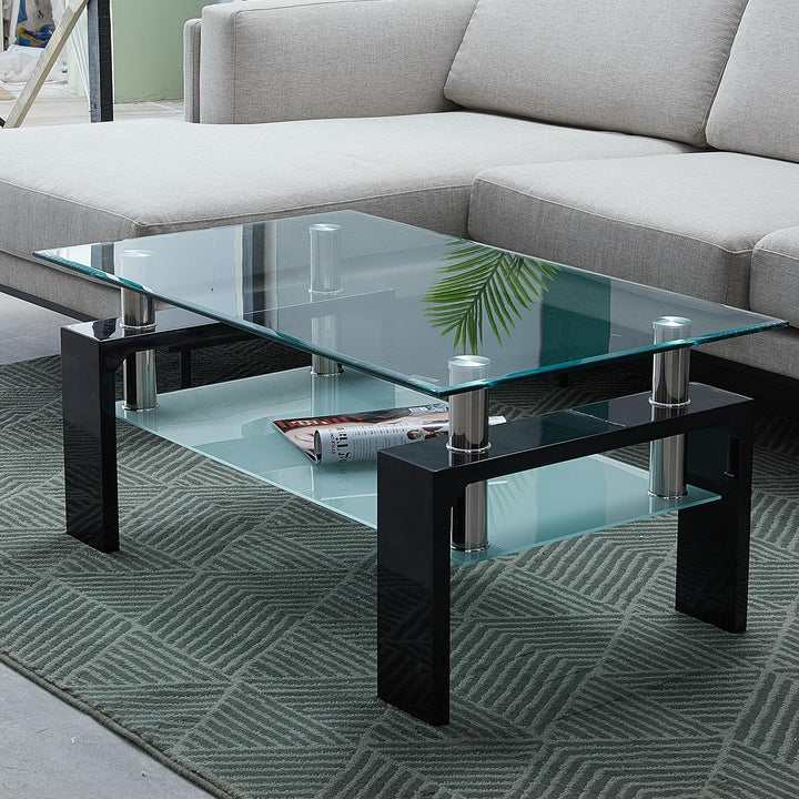 CLIPOP Couchtisch Rechteckig Beistelltisch aus Hartglas,Wohnzimmertisch Moderner Sofatisch mit Staur