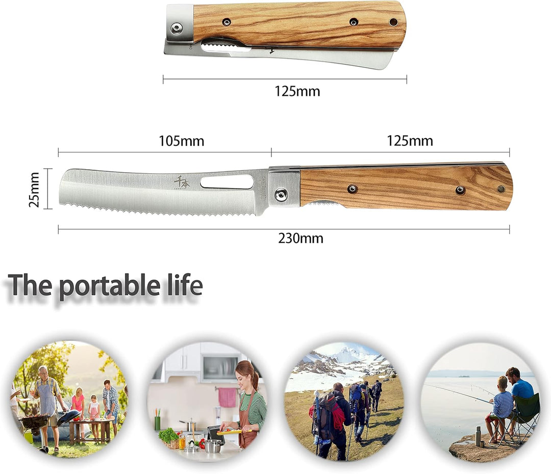 SENBON 440A Stainless Steel Pocket Folding Japanese stil Bread Knife Natural Olive Handle Camping Tr