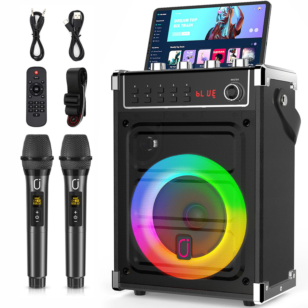 JYX Karaoke-Maschine mit 2 UHF-Funkmikrofonen, Bluetooth-Lautsprecher mit Bass-/Höhen-Einstellung un