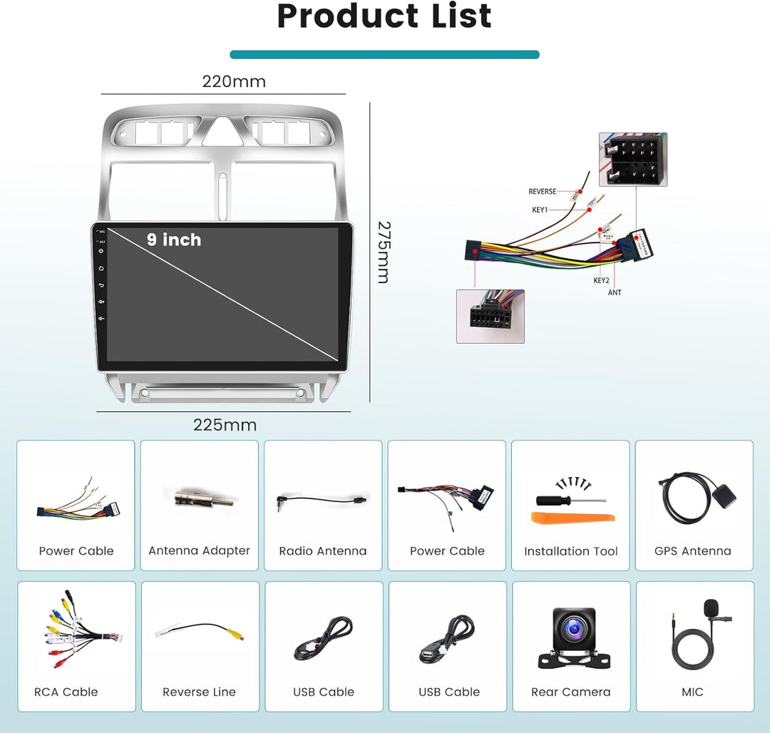 Hikity 2G 64G Android 15 Autoradio Für Peugeot 307 2002-2013 mit Wireless Carplay Android Auto,9 Zol