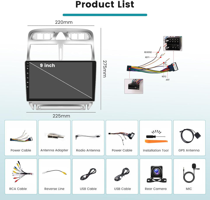 Hikity 2G 64G Android 15 Autoradio Für Peugeot 307 2002-2013 mit Wireless Carplay Android Auto,9 Zol