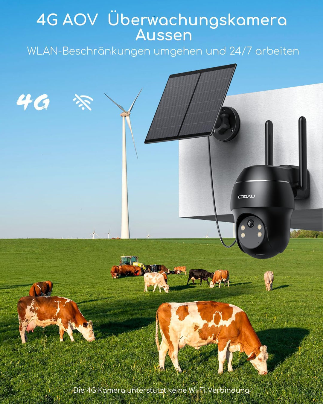 COOAU 24/7 Aufzeichnung AOV 4G LTE Solar Überwachungskamera Aussen mit SIM Karte, 2K PTZ Kamera Über
