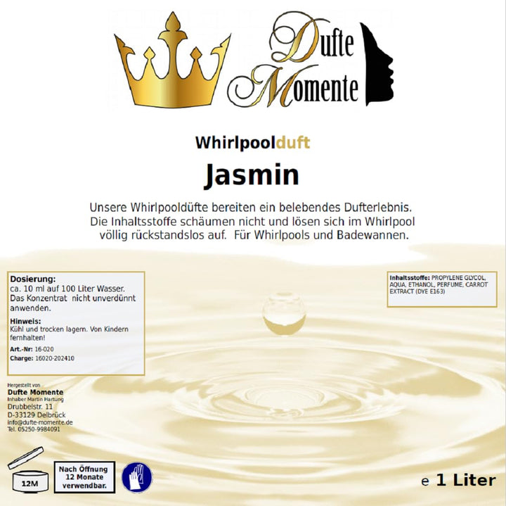 Dufte Momente | Whirlpool Duft 1 Liter | Jasmin | mit naturreinen und natürlichen ätherischen Ölen |