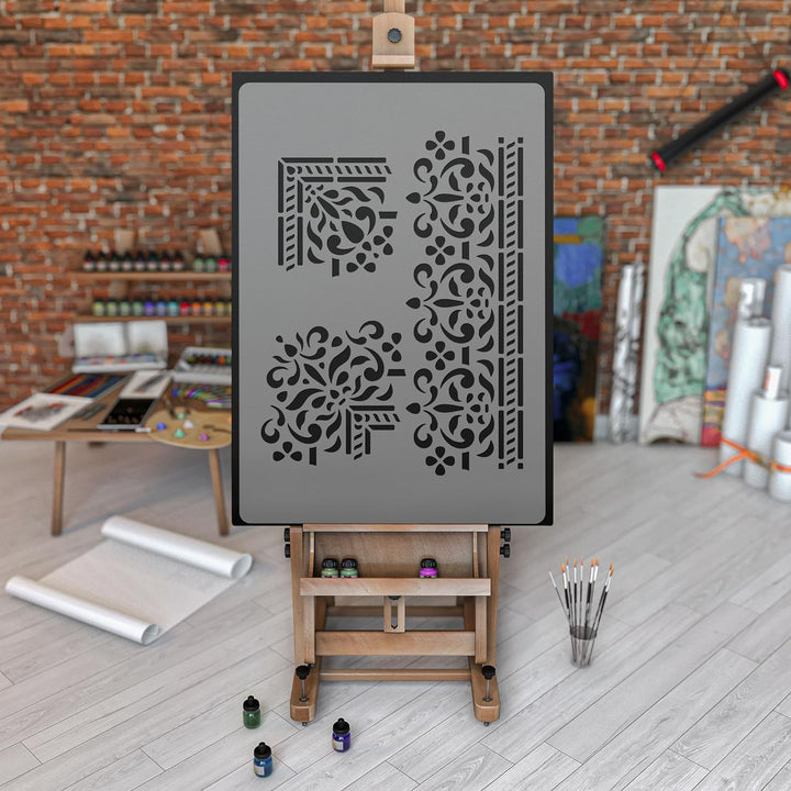 NAKLEO Wiederverwendbare Wand Kunststoff-Schablone – 43x64cm - Grenze Ecke Ornament - Grosse Tapete