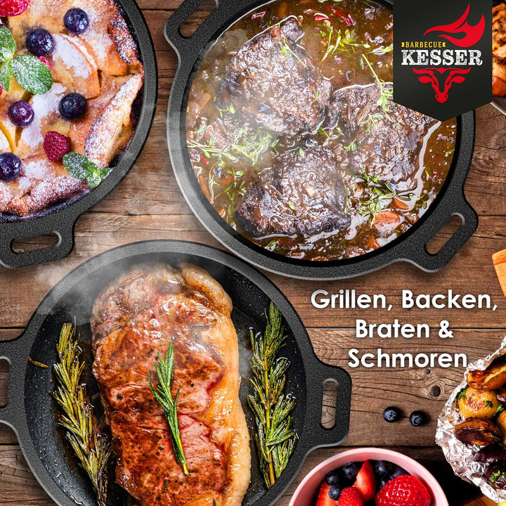 KESSER® Dutch Oven Set BBQ 7,3 Liter, Feuertopf Schmortopf mit Füssen, Gusseisen Topf mit Deckelhebe