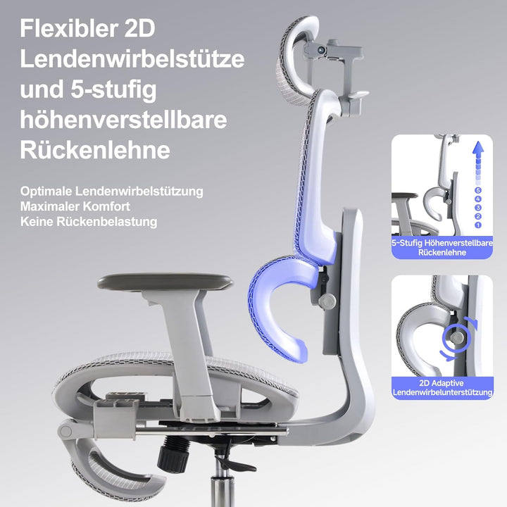 Ergonomischer Bürostuhl mit Fussstuhl &amp; 3D Armlehnen - Gaming Stuhl mit 5-Fach Höhenverstellung, 2D