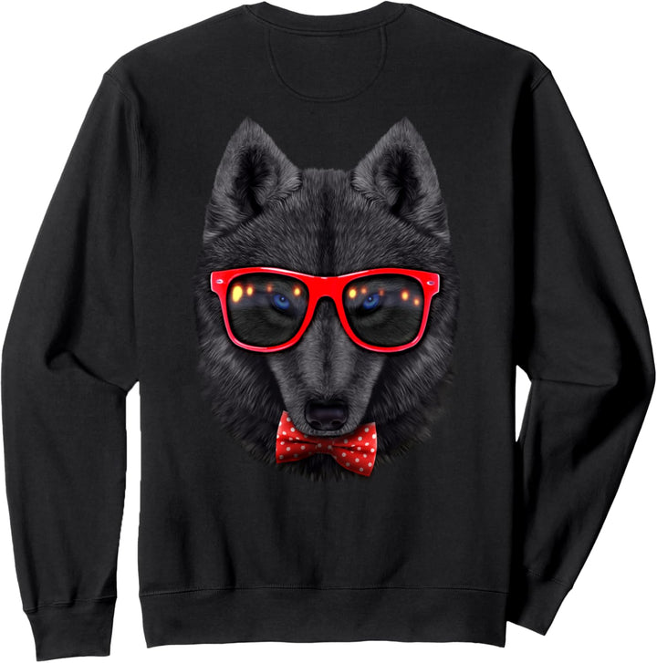 Schwarzer Wolf trägt rote Retro-Sonnenbrille mit Fliege Sweatshirt