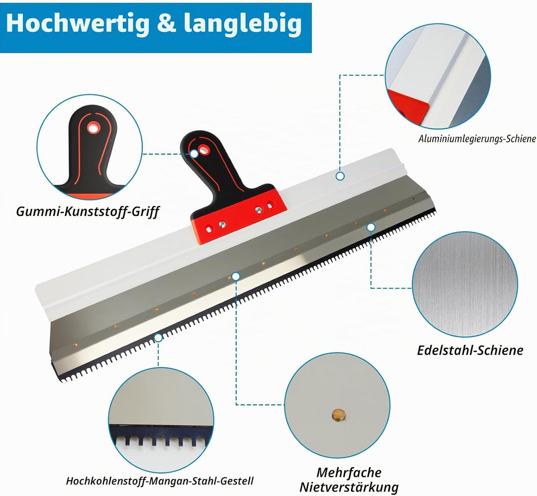 Flächenspachtel mit Stielhalter, Zahnspachtel tehrakel Gezahnt 56cm, Grossflächenrakel Trockenbau Sp
