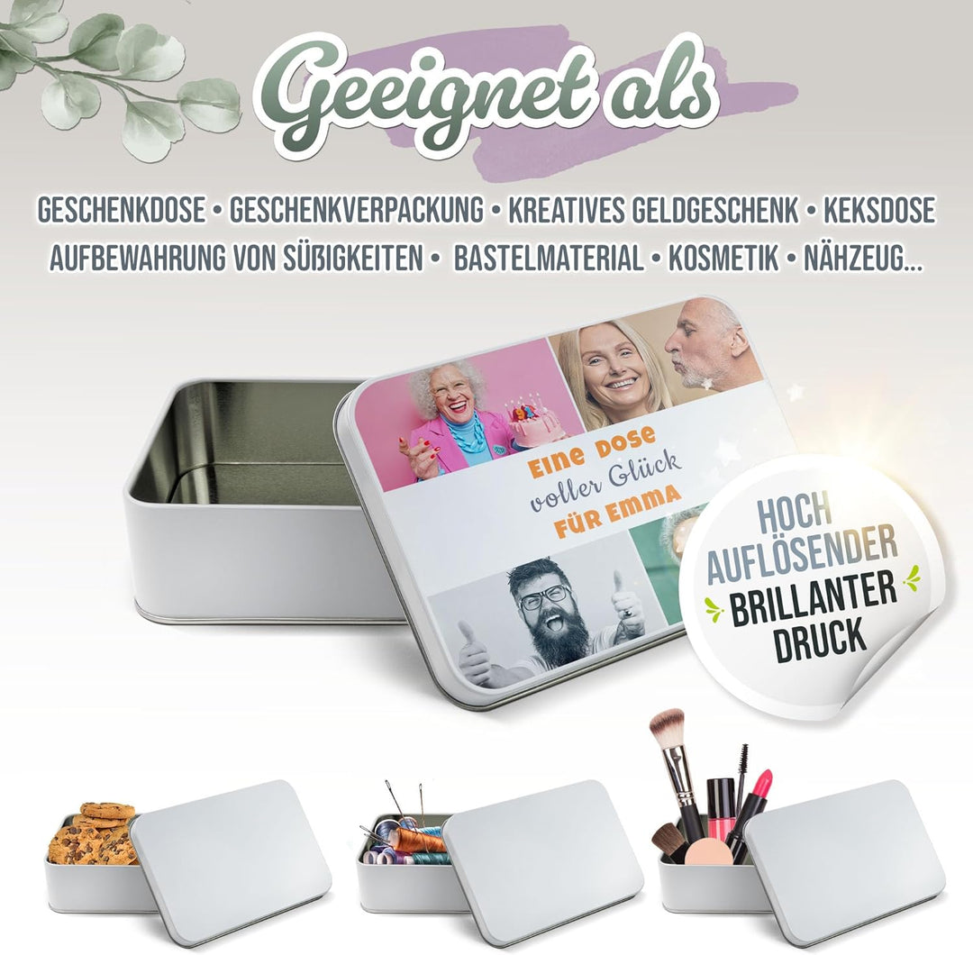 Print Royal PR Geschenkdose selbst gestalten mit 4 Fotos &amp; 3 Zeilen Text - Blechdose bedrucken, Pers
