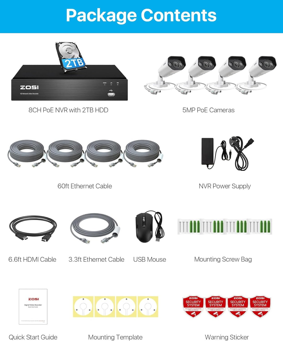 ZOSI 5MP Überwachungskamera Aussen Set, 8CH 4K 2TB HDD NVR und 4X 5MP PoE IP Outdoor Kamera, 2-Wege