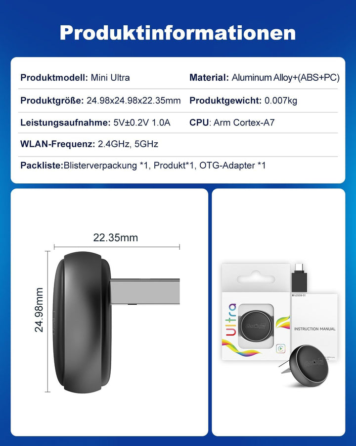 Carlinkit Wireless CarPlay &amp; Android Auto Adapter – Mini Ultra 3, wandelt OEM-Kabelverbindung in kab