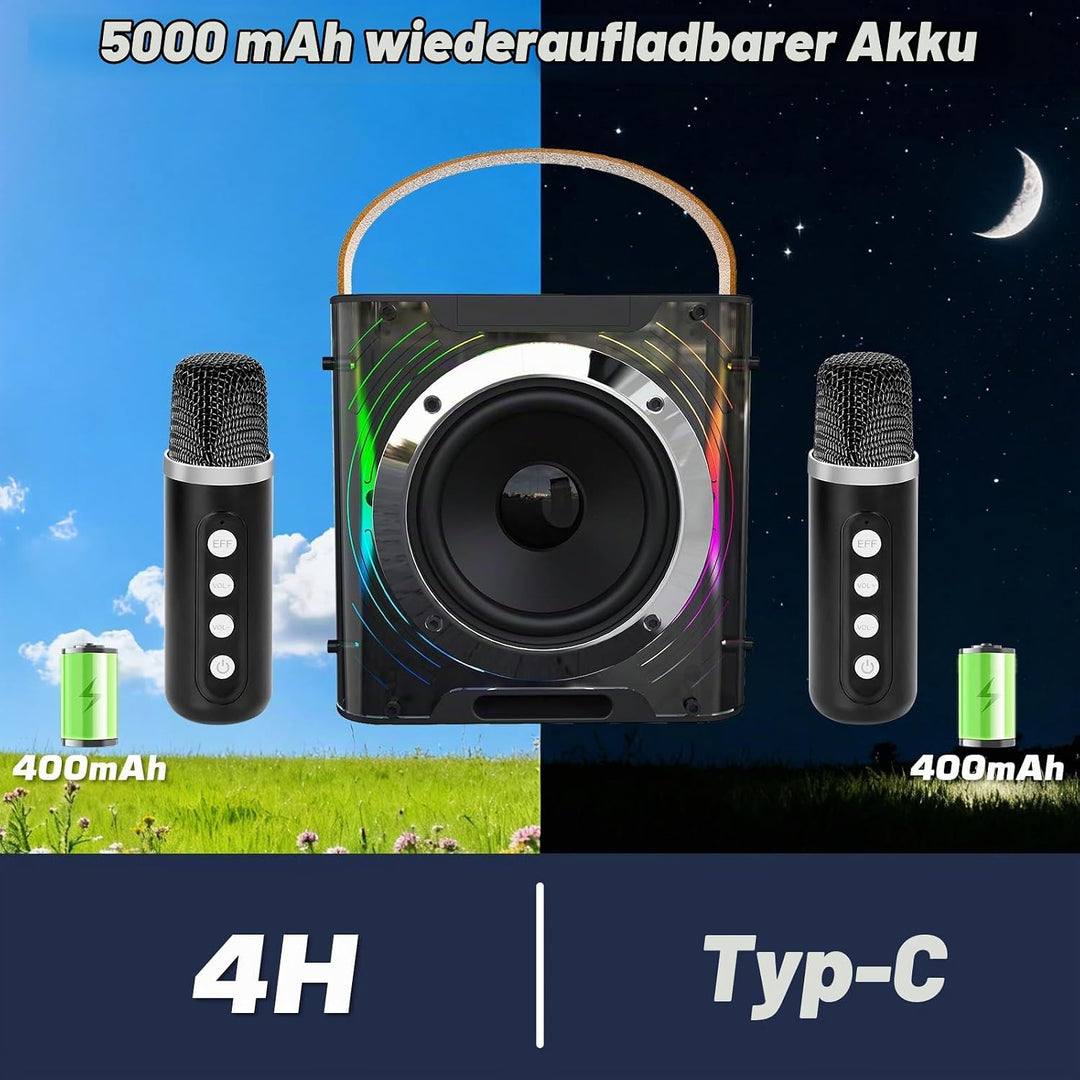 Karaoke Maschine mit 2 Mikrofone, Lautsprecher Box mit Lichteffekte, Tragbaren 5.3 Bluetooth Lautspr