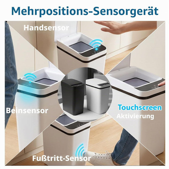 2er Set Mülleimer mit Sensor, 12L Automatischer Mülleimer, Smart Mülleimesr mit Deckel, 3 Betriebsmo