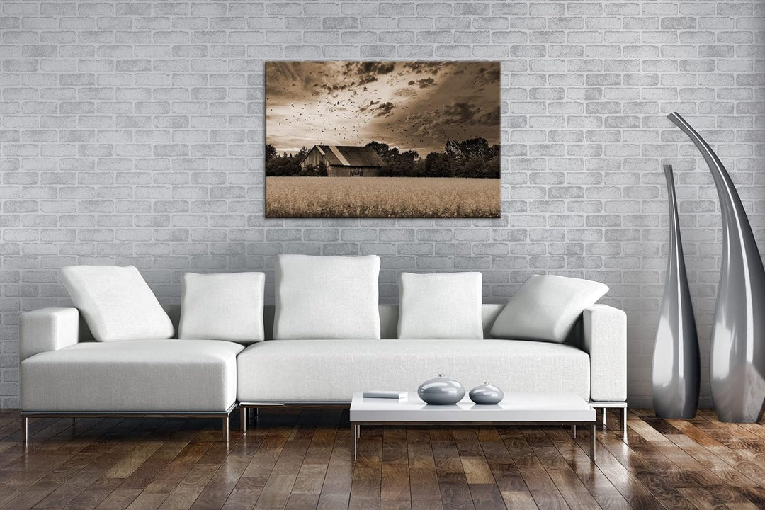 deyoli Scheune am blühendem Feld Effekt: Sepia Format: 80x60 als Leinwandbild, Motiv fertig gerahmt