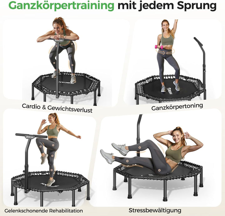 BCAN Fitness Trampolin Indoor Ø 122/133 cm, Trampolin Erwachsene bis 250 kg, Bodentrampolin mit vers