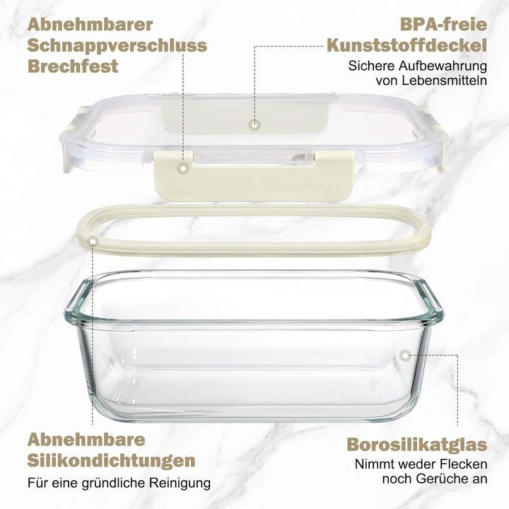 YASHE Glasbehälter mit Deckel, 10 Teile Stapelbar & Luftdicht Meal Prep Boxen Glas für Spülmaschine,