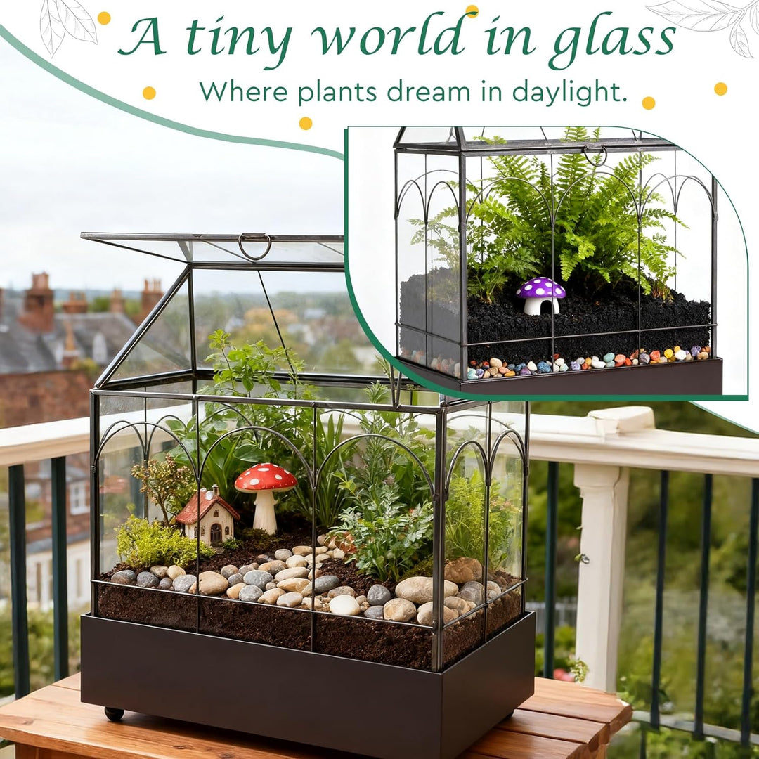 Mini Gewächshaus Fensterbank Glas mit Auffangschale 24,2 x 14,7 x 29 cm Pflanzenterrarium Klein Flas