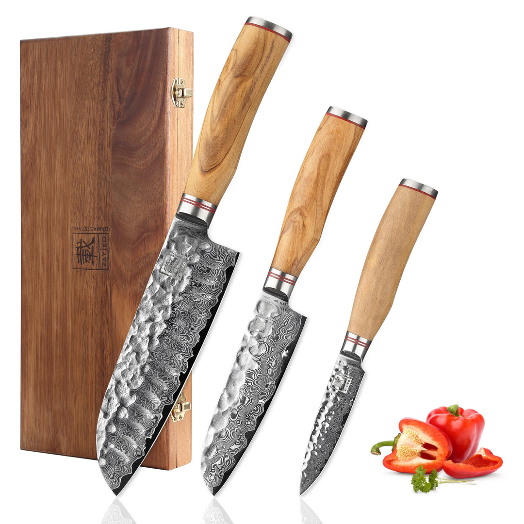 zayiko Minami Premium 3er Damastmesser-Set mit Klingen von 9-17 cm gefertigt aus 67 Lagen echtem Dam