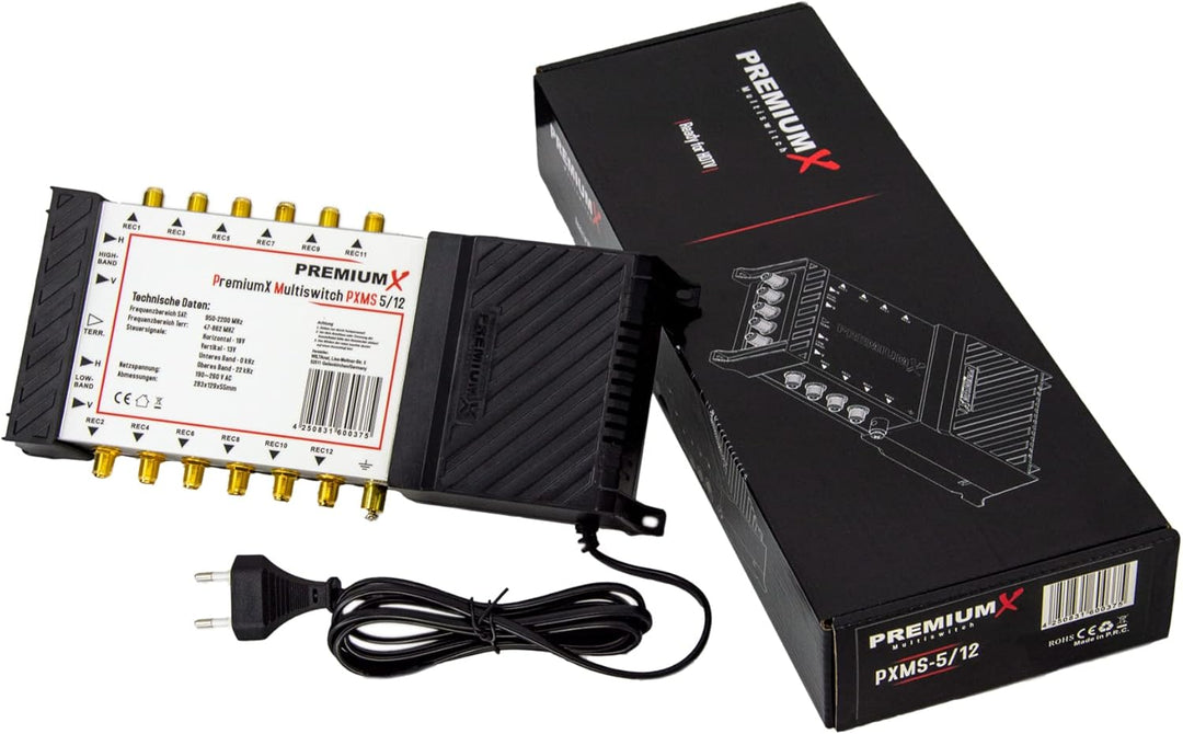 Premium X PXMS 5/12 Multischalter mit Netzteil Multiswitch 1 SAT bis 12 Teilnehmer Satverteiler Digi