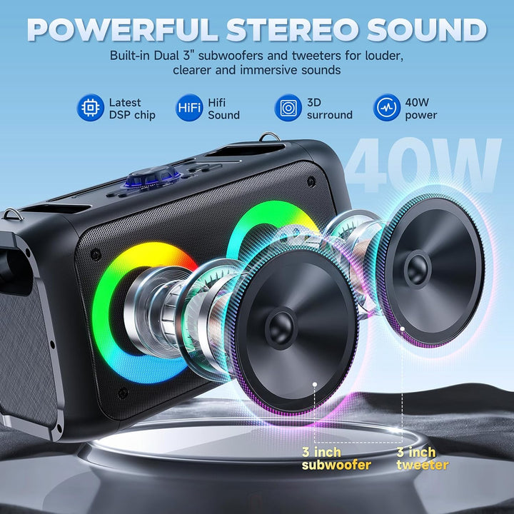 JYX Karaoke Anlage mit 2 Mikrofonen, Bluetooth Lautsprecher mit Licht, Tragbare Karaoke Maschine mit
