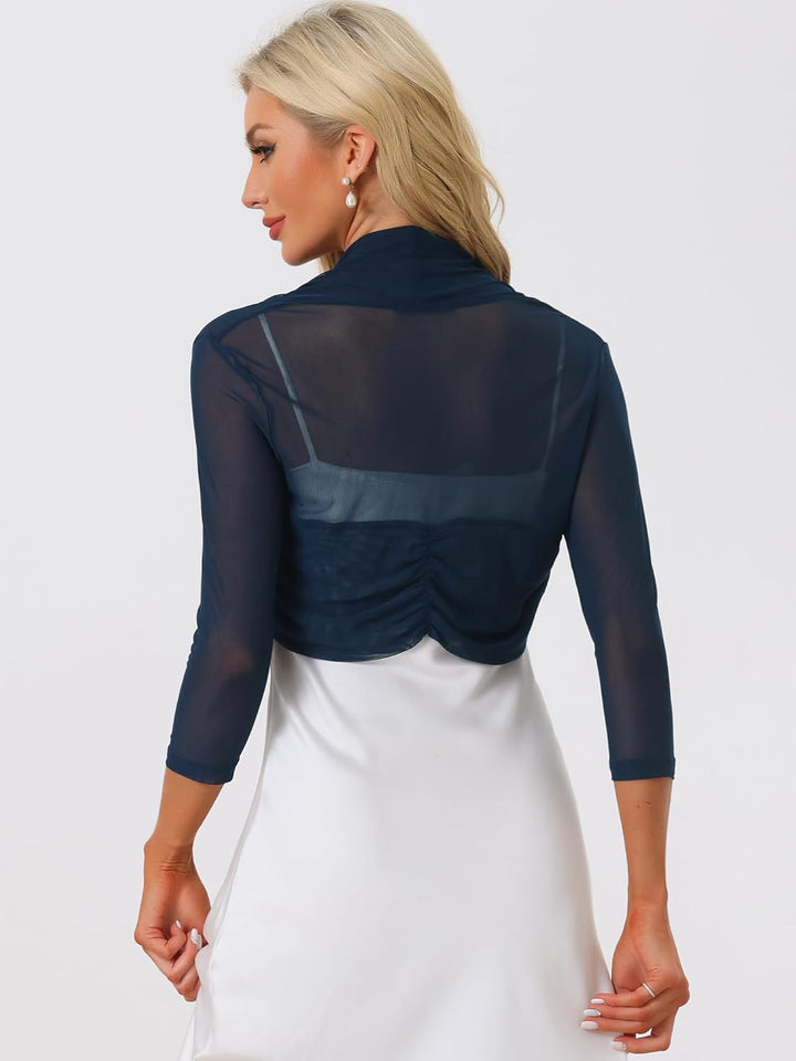 Allegra K Damen Bolero Festlich 3/4 Ärmel Rüschen Mesh Durchsichtig Crop Strickjacke Shrug Boleros X