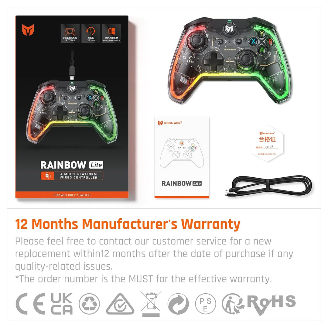 Black Shark Wired Controller, BIGBIG WON Rainbow Lite PC Controllers for Gaming RGB Light, Custom Bu